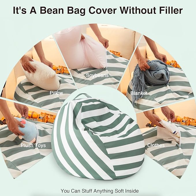 EXQ Home Kids Bean Bag Chairs Cover -Stuffed Animal Bean Bag Storage Green and White Stripes-Zipper Bean Bag for Organizing Children Plush Toys Holiday Gift for Girl,Boys (2XL) - LeafyLoom