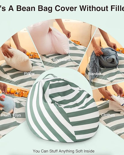 EXQ Home Kids Bean Bag Chairs Cover -Stuffed Animal Bean Bag Storage Green and White Stripes-Zipper Bean Bag for Organizing Children Plush Toys Holiday Gift for Girl,Boys - LeafyLoom