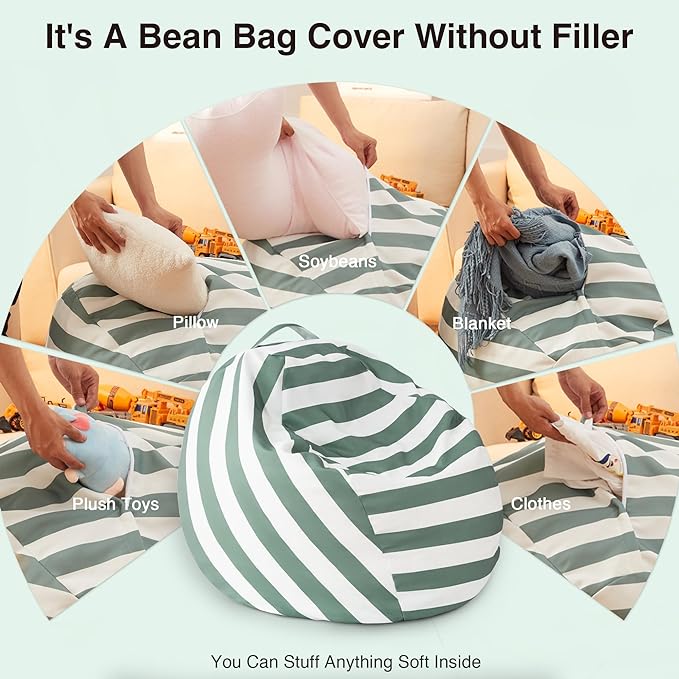 EXQ Home Kids Bean Bag Chairs Cover -Stuffed Animal Bean Bag Storage Green and White Stripes-Zipper Bean Bag for Organizing Children Plush Toys Holiday Gift for Girl,Boys (XL) - LeafyLoom