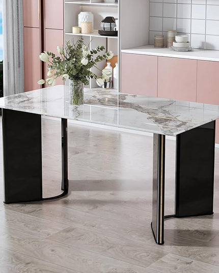 NicBex Modern Minimalist Rectangular Dining Table White Imitation Marble Tabletop MDF Table Legs with Gold Metal Decorative Strips Suitable for Restaurant and Living Room, White - LeafyLoom