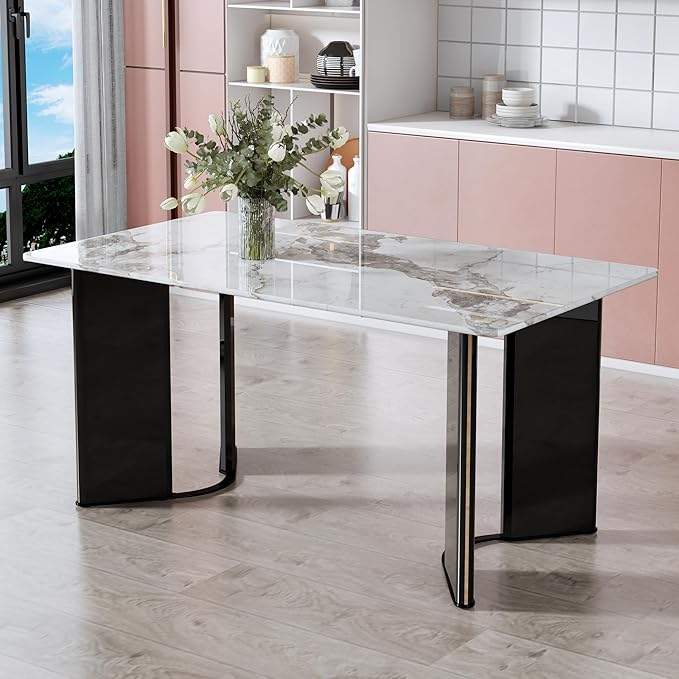 NicBex Modern Minimalist Rectangular Dining Table White Imitation Marble Tabletop MDF Table Legs with Gold Metal Decorative Strips Suitable for Restaurant and Living Room, White - LeafyLoom