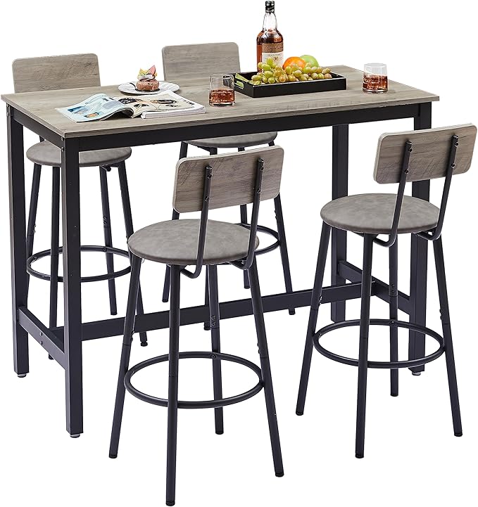 NicBex Dining Room Table Set for 4 Corner Dining Table Set Bar Table Set with 4 Bar Stools PU Soft Seat with Backrest Set for Kitchen, Dining Room, Dinette, Thicken Steel Frame, Grey - LeafyLoom