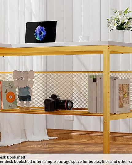 L Shaped Desk, 55 Inch Reversible Computer Desk with Power Outlet and RGB LED Light, Sturdy Corner Office Gaming Desk with Ergonomic Monitor Stand, Attractive Grid Design, White and Gold - LeafyLoom