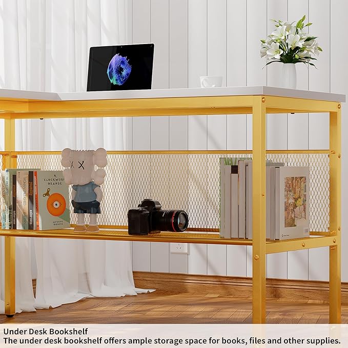 L Shaped Desk, 55 Inch Reversible Computer Desk with Power Outlet and RGB LED Light, Sturdy Corner Office Gaming Desk with Ergonomic Monitor Stand, Attractive Grid Design, White and Gold - LeafyLoom