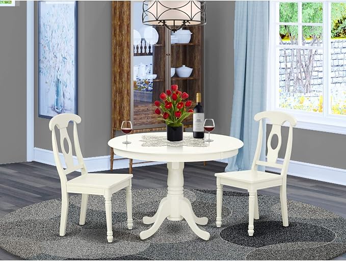 East West Furniture HLKE3-LWH-W 3 Piece Kitchen Table & Chairs Set Contains a Round Dining Room Table with Pedestal and 2 Dining Chairs, 42x42 Inch, Linen White - LeafyLoom