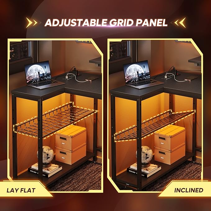 Bestier Small Gaming Desk with Power Outlets,42 L Shaped LED Computer Desk with Stand Reversible Shelves,Corner Gamer Desk with Headset Hooks USB Charging Port,Carbon Fiber Black - LeafyLoom