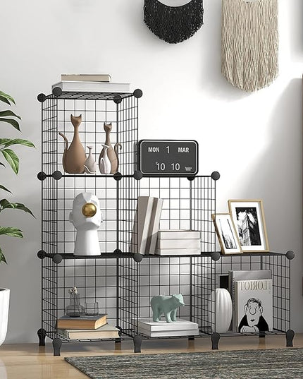 Wolizom Wire Cube Storage, Metal Grids Shelves Bookshelf, Stackable Modular Shelving Organizer, DIY Closet Bookcase Bookshelf, Grid Storage Shelf for Bedroom, Living Room, Office (Black, 6 Cube) - LeafyLoom