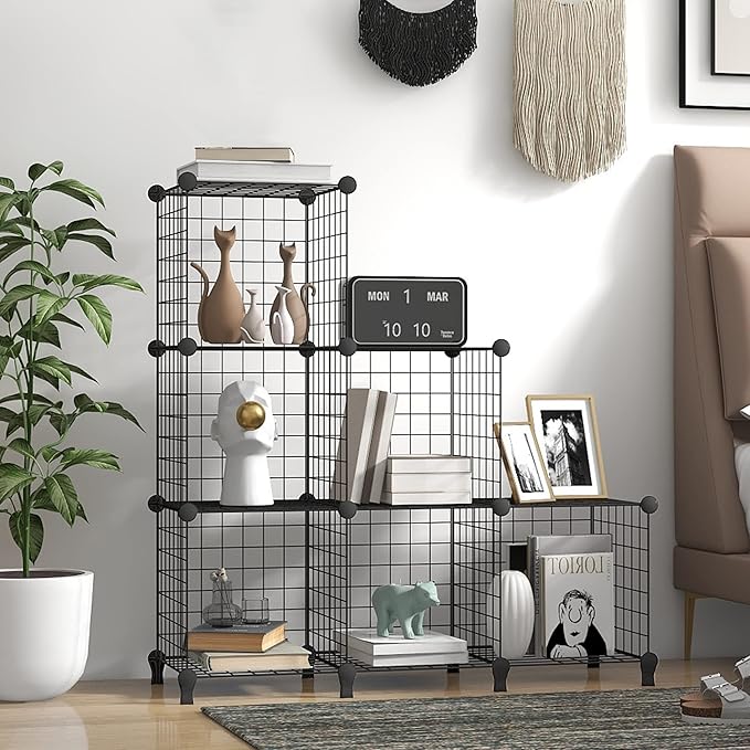 Wolizom Wire Cube Storage, Metal Grids Shelves Bookshelf, Stackable Modular Shelving Organizer, DIY Closet Bookcase Bookshelf, Grid Storage Shelf for Bedroom, Living Room, Office (Black, 6 Cube) - LeafyLoom