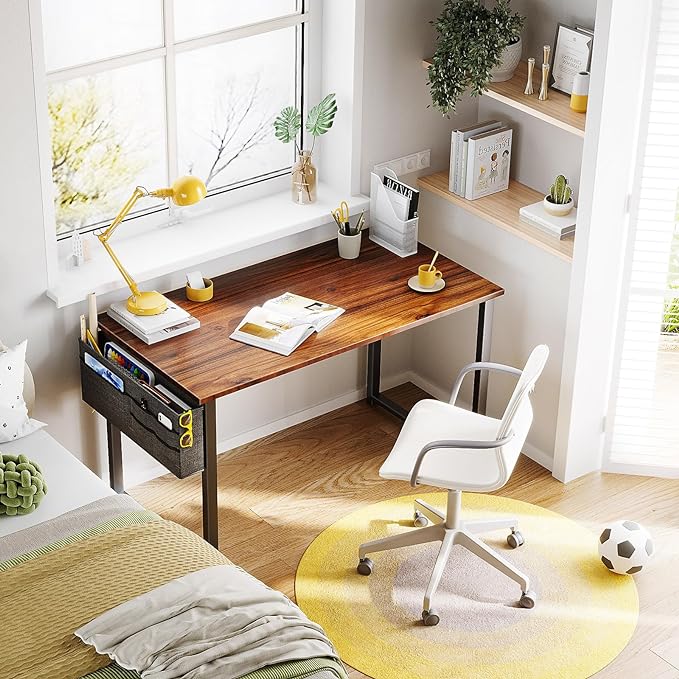 ODK Computer Desk, 40 Inch Small Study Desk, Office Desk with Storage, Work Table with Headphone Hook for Small Space Home Office, Deep Brown - LeafyLoom
