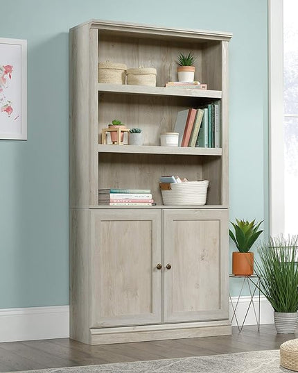 Sauder L-Desk (59.06" x 58.74" x 29.57") and Bookcase/Bookshelf (35.28" x 13.23" x 69.76") Bundle, Chalked Chestnut Finish - LeafyLoom