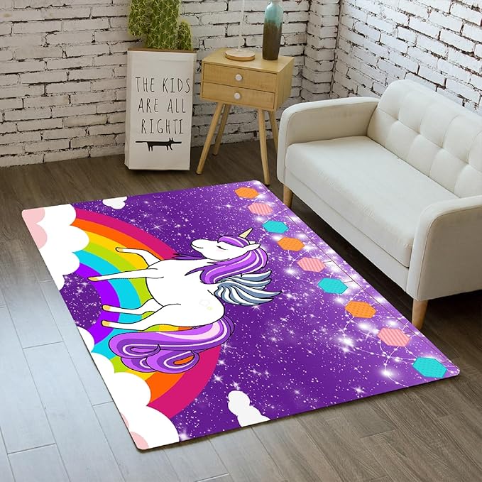 Unicorn Rugs for Girls Bedroom Small Unicorn Area Rugs for Girls Bedroom Rainbow Carpet Kids Unicorn Rugs for Bedroom Girls Living Room Floor Mat, Purple, 2'×3' - LeafyLoom