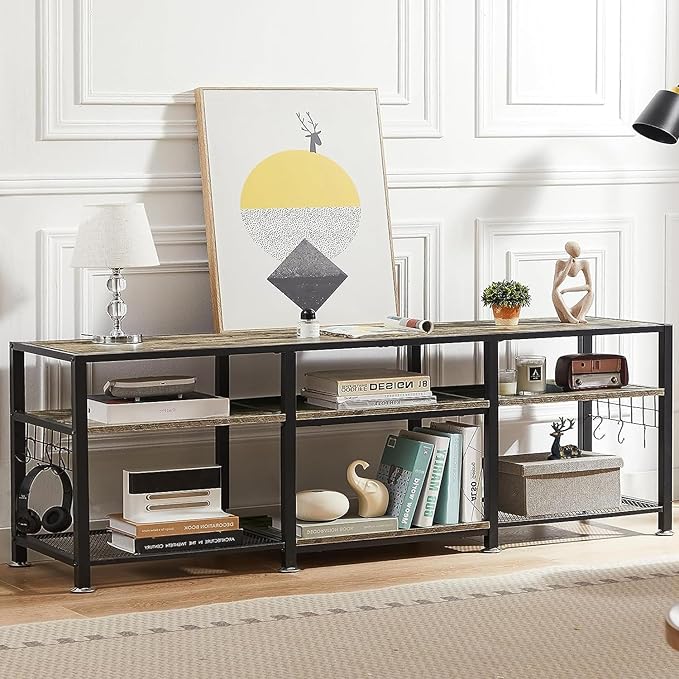 VECELO 63" TV Stand for 60/65/70 Inch Television, Entertainment Center with Storage Shelves & Hooks, 3-Tier Modern Wooden Console Table for Living, Bedroom and Gaming Room, 63 Inch, Oak Grey - LeafyLoom