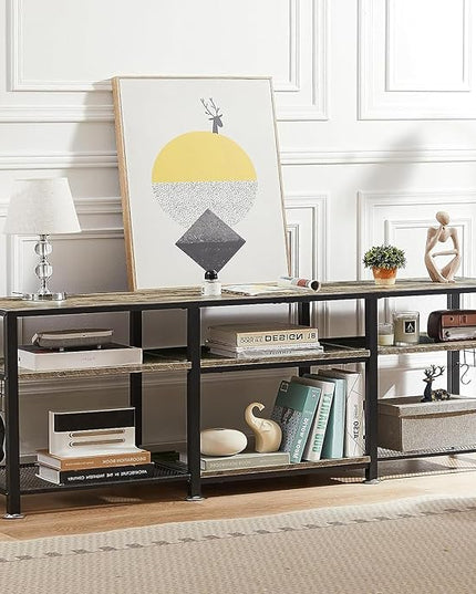 VECELO TV Stand for Televisions up to 70 Inch, Industrial Entertainment Center with 3-Tier Open Storage Shelves& Hooks for Living, Bedroom and Gaming Room, 63 Inch, Grey - LeafyLoom