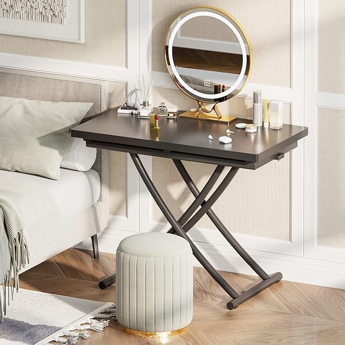 Multifunctional Lift Top Coffee Table Convertible to Folding Dining Table Space Saving Adjustable Height Rectangular Modern Coffee Table Wooden Top with Metal Legs, Black - LeafyLoom