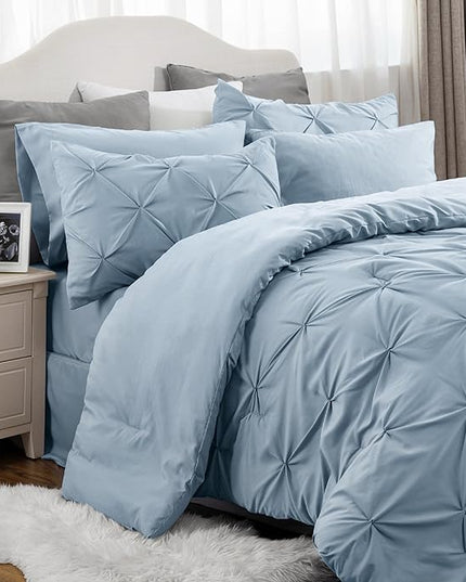 Bedsure Blue Comforter Set Queen - Bed in a Bag Queen 7 Pieces, Pintuck Bedding Sets Light Blue Bed Set with Comforter, Sheets, Pillowcases & Shams - LeafyLoom