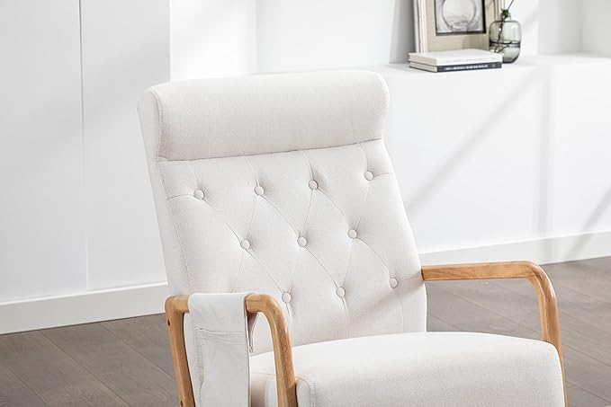Armchair with Ottoman, Mid-Century Upholstered Accent Nursery, Glider Rocker Thick Cushion, Comfy Indoor Leisure Lounge Living Room, Bedroom, Office, Rocking Chair, Beige - LeafyLoom