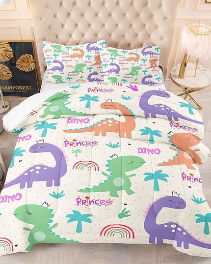 NINENINE Dinosaur Bedding Sets for Kids,Twin Comforter Sets for Girls,Girls Dinosaur Comforter Bedding Sets,Kawaii Cartoon Comforter Sets with 1 Comforter 1Pillowcase - LeafyLoom