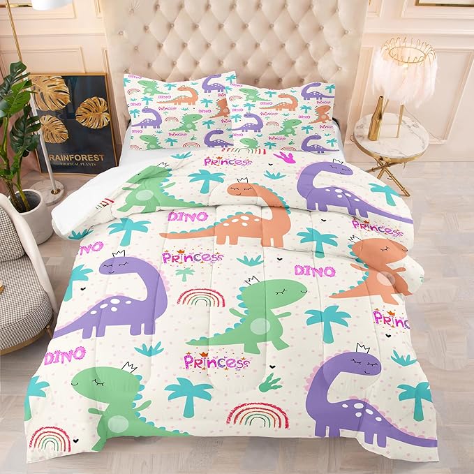 NINENINE Dinosaur Bedding Sets for Kids,Twin Comforter Sets for Girls,Girls Dinosaur Comforter Bedding Sets,Kawaii Cartoon Comforter Sets with 1 Comforter 1Pillowcase - LeafyLoom