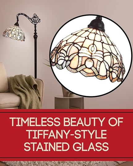 Amora Tiffany Floor Lamp - Arched, Stained Glass 62” - Traditional White Mahogany with Foot Switch Operation and Adjustable Lamp Shade - Custom Handcrafted Floor Lamps for Living Room - LeafyLoom