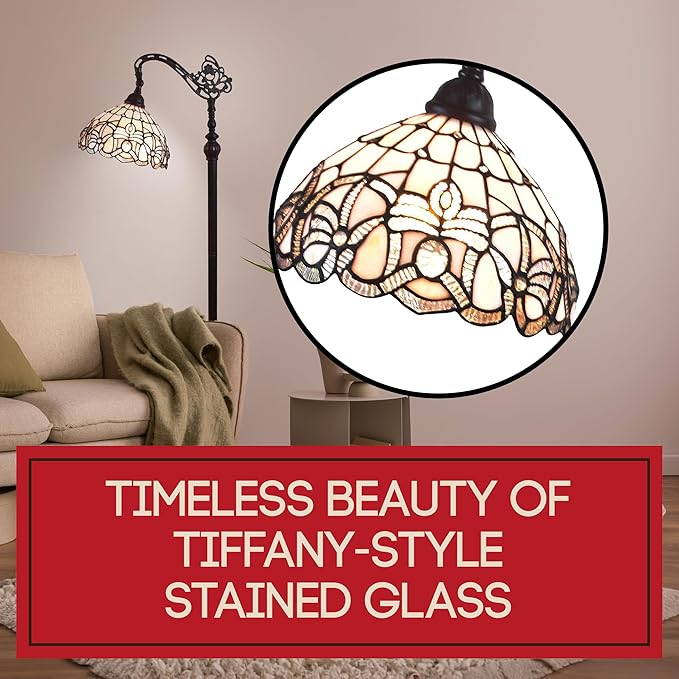 Amora Tiffany Floor Lamp - Arched, Stained Glass 62” - Traditional White Mahogany with Foot Switch Operation and Adjustable Lamp Shade - Custom Handcrafted Floor Lamps for Living Room - LeafyLoom