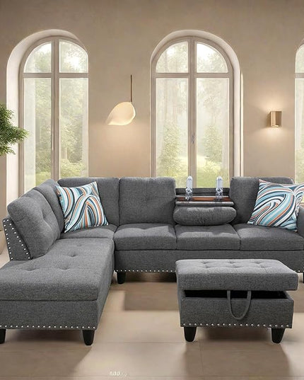 Sofa with Ottoman Modern Sectional Living Room, Bedroom, Office, L Shaped Couch Grey - LeafyLoom