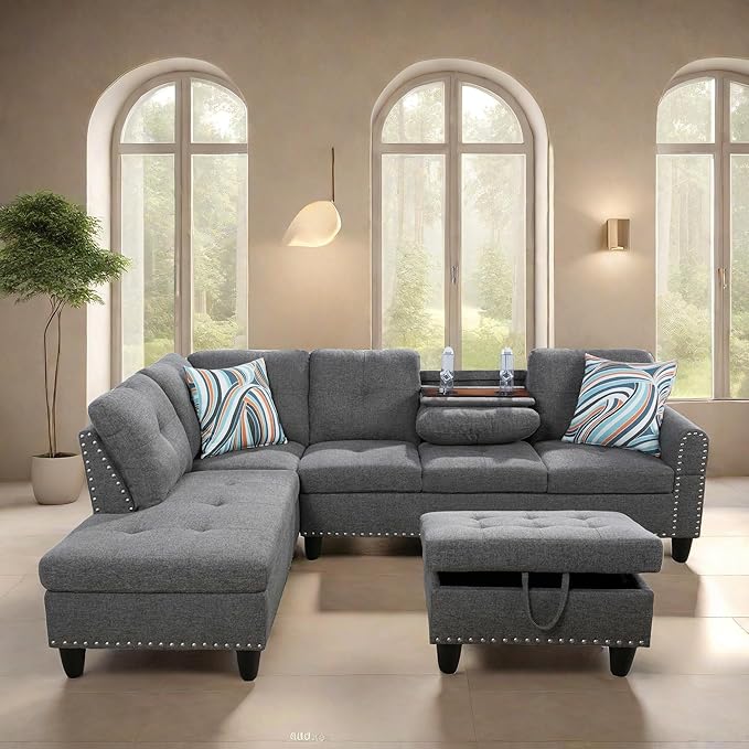Sofa with Ottoman Modern Sectional Living Room, Bedroom, Office, L Shaped Couch Grey - LeafyLoom