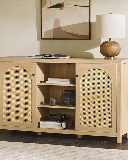 Walker Edison Boho Arched Rattan 2-Door Sideboard, 58 Inch, Coastal Oak - LeafyLoom