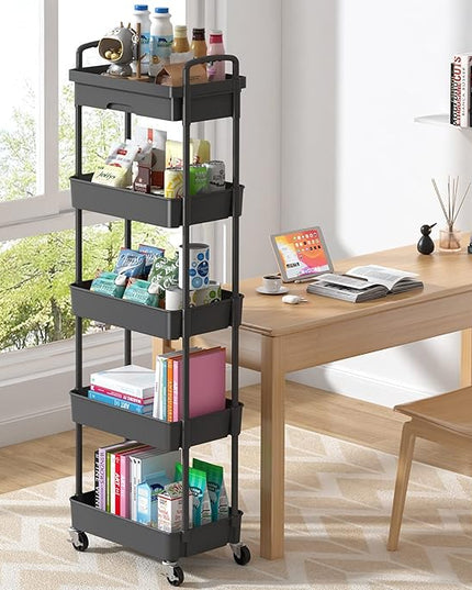 5-Tier Rolling Utility Cart，Trolley with Drawer, Multifunctional Storage Organizer with Plastic Shelf & Metal Wheels, Storage Cart for Living Room, Kitchen, Office, Bathroom, Black - LeafyLoom