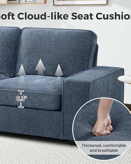 EASELAND Sofa Couch, 88" Chenille Loveseat for Living Room, 3 Seater Lounge Sofa for Bedroom with Removable Back and Seat Cushions, Modern Deep Seat Comfy Couch with Solid Wood Legs and Armrest (Blue) - LeafyLoom