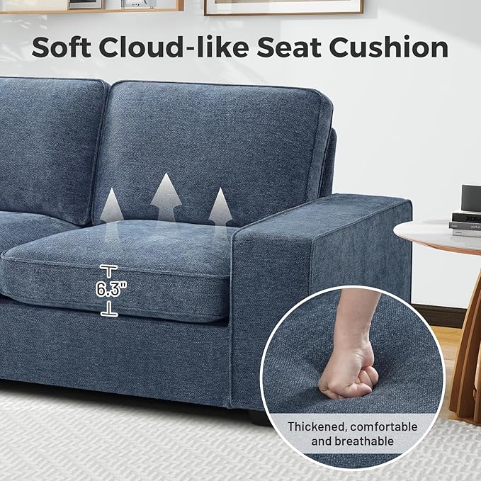 EASELAND Sofa Couch, 88" Chenille Loveseat for Living Room, 3 Seater Lounge Sofa for Bedroom with Removable Back and Seat Cushions, Modern Deep Seat Comfy Couch with Solid Wood Legs and Armrest (Blue) - LeafyLoom