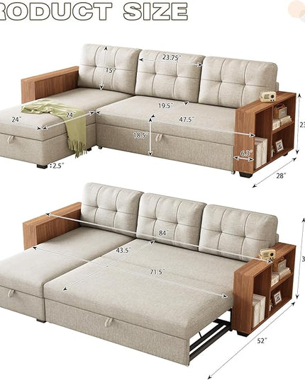 84" Sectional Sleeper Storage Chaise,L Shaped Pull Out Couch with Cabinet,Convertible Corner Sofa Bed W/ 3 Back Cushions for Living Room,Office,Apartment,Small Spaces,Beige - LeafyLoom