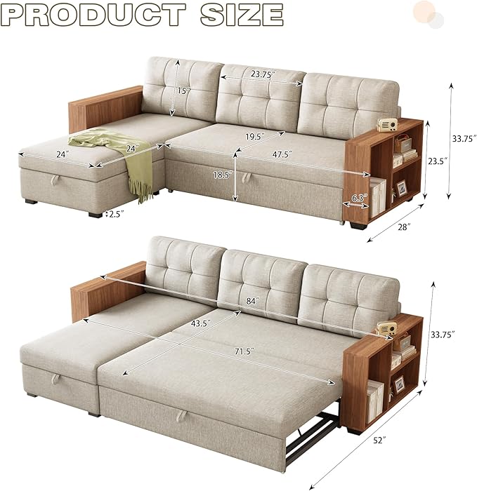 Convertible L Shaped Pull Out Couch with Storage Chaise and Wood Cabinet Armrests,Sectional Sleeper Sofa Bed W/ 3 Removable Back Cushions for Living Room,Office,Apartment,Beige,84" - LeafyLoom