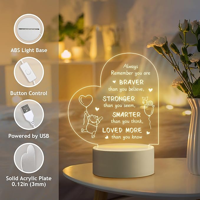 Gifts for Women Friends Kids - Inspirational Night Lamp with Pooh Bear Design - Perfect Gifts for Birthday Christmas Valentines Anniversary Baby Shower, Show Strength and Love - LeafyLoom