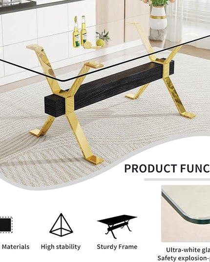 NicBex Dining Table Modern Tempered Glass Dining Table Large Modern Office Desk with Gold Plated Metal Legs and MDF Crossbars, Suitable for Both Home and Office Use, Gold + Black - LeafyLoom