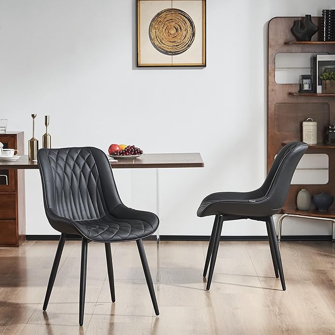 YOUNIKE Black Dining Chairs set of 2 with High Backs Mid Century Modern Kitchen & Dining Room Chairs PU Faux Leather Upholstered sillas de comedor Comfortable Large Padded Accent Chair with Metal Legs - LeafyLoom