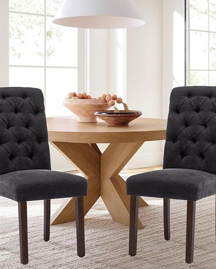 COLAMY Button Tufted Dining Chairs Set of 4, Parsons Upholstered Fabric Dining Room Chairs Kitchen Chairs with Wood Legs and Padded Seat, Black - LeafyLoom