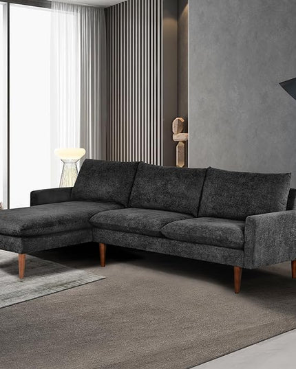Sectional 86" Velvet Upholstered L-Shaped Sofa with Padded Cashmere,Multi-Functional 3 Seat Convertible Sleeper Couch w/Tapered Wood Legs and Adjustable Backrest,for Living Room,Black - LeafyLoom