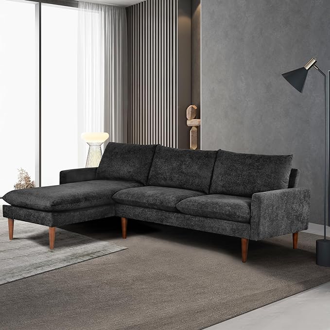 Sectional 86" Velvet Upholstered L-Shaped Sofa with Padded Cashmere,Multi-Functional 3 Seat Convertible Sleeper Couch w/Tapered Wood Legs and Adjustable Backrest,for Living Room,Black - LeafyLoom