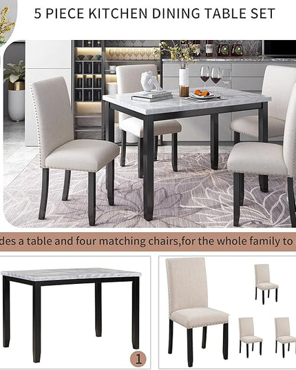 5 Piece Industrial Dinette Sets Wooden Kitchen Dining Table and 6 Matching Upholstered Chairs, for Diningroom Living Room, Easy to Assemble, White - LeafyLoom