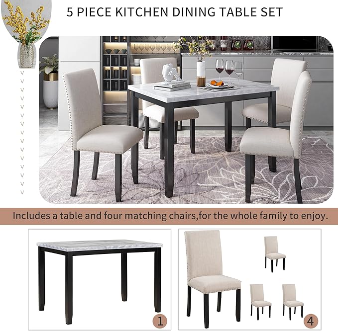 5 Piece Industrial Dinette Sets Wooden Kitchen Dining Table and 6 Matching Upholstered Chairs, for Diningroom Living Room, Easy to Assemble, White - LeafyLoom