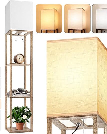 Floor Lamp with Shelves for Living Room Natural Wood, Shelf Floor Lamp with 3 CCT LED Bulb, Corner Display Standing Column Lamp Etagere Organizer Tower Nightstand with White Linen Shade for Bedroom - LeafyLoom