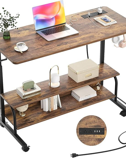 Height Adjustable Standing Desk with Power Outlets, 39" Manual Stand Up Desk with Storage Shelves Small Mobile Rolling Computer Desk Portable Laptop Table with Wheels for Home Office, Rustic - LeafyLoom