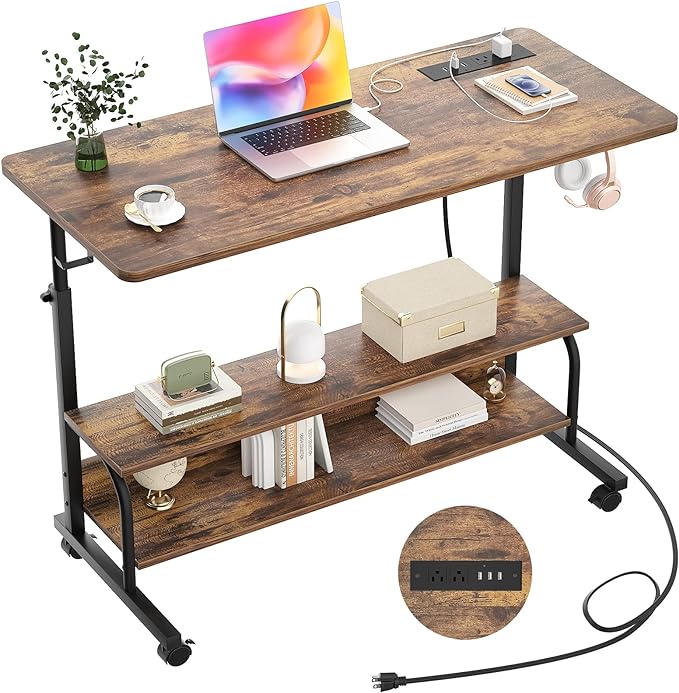 Height Adjustable Standing Desk with Power Outlets, 39" Manual Stand Up Desk with Storage Shelves Small Mobile Rolling Computer Desk Portable Laptop Table with Wheels for Home Office, Rustic - LeafyLoom