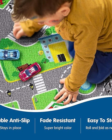 Booooom Jackson Car Rug-Car Mat for Kids Toy Cars -Car Rugs for Kids Toy Cars-Road Rug-Kids Car Rug Play Mat-Car Track Carpet-Car Play Mat-Car Play Rug-Race Car Floor Mat-Kids Car Playmat Rug - LeafyLoom