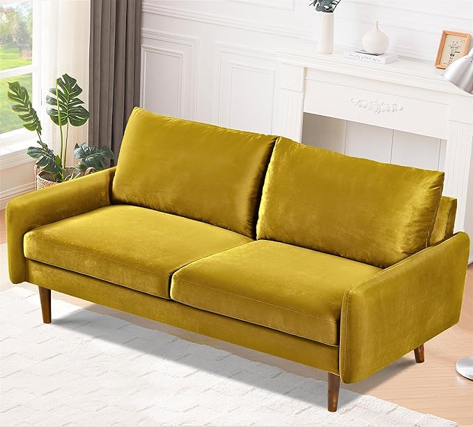 US Pride Furniture Kent Modern Velvet Sofa, Comfortable 3 Seater Couch for Living Rooms and Small Spaces, Ideal Studio Apartment Furniture with Sleek Design, Greenish Yellow - LeafyLoom