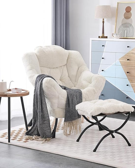 LITA Lazy Chair with Ottoman, Modern Accent Leisure Upholstered Sofa Chair, Lounge Reading Chair with Armrests and a Side Pocket for Living Room, Bedroom & Small Space, Plush Beige - LeafyLoom