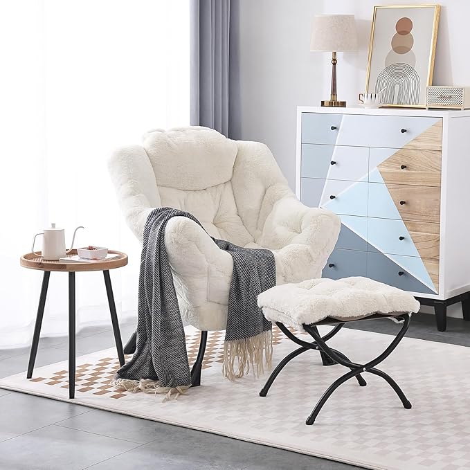 LITA Lazy Chair with Ottoman, Modern Accent Leisure Upholstered Sofa Chair, Lounge Reading Chair with Armrests and a Side Pocket for Living Room, Bedroom & Small Space, Plush Beige - LeafyLoom