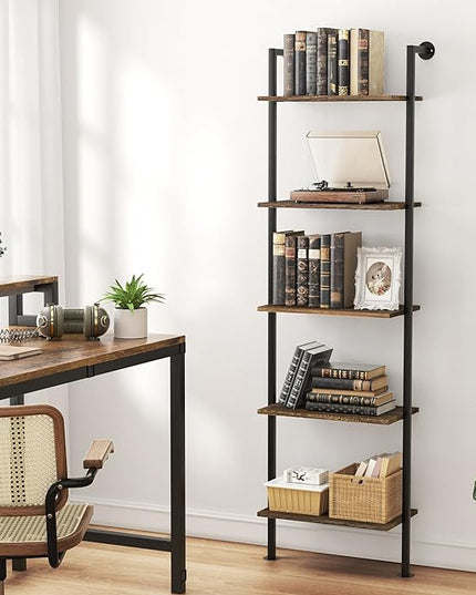 5-Tier Bookshelf Solid Wood Ladder Shelf, Narrow Book shelf Display Shelf, Wooden Ladder Shelf Bookcase, Wall Mount Ladder Shelf, Storage Rack for Living Room, Bedroom, Industrial Style, Dark Brown - LeafyLoom