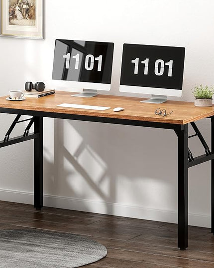 Need Home Office Desk 47 inches Folding Computer Table Workstation No Install, Teak and Black - LeafyLoom