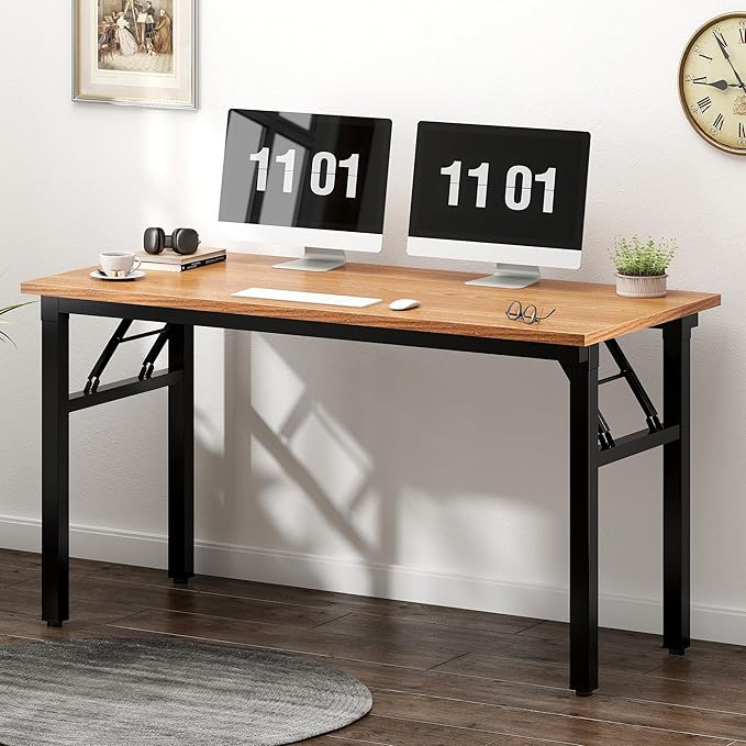 Need Home Office Desk 47 inches Folding Computer Table Workstation No Install, Teak and Black - LeafyLoom